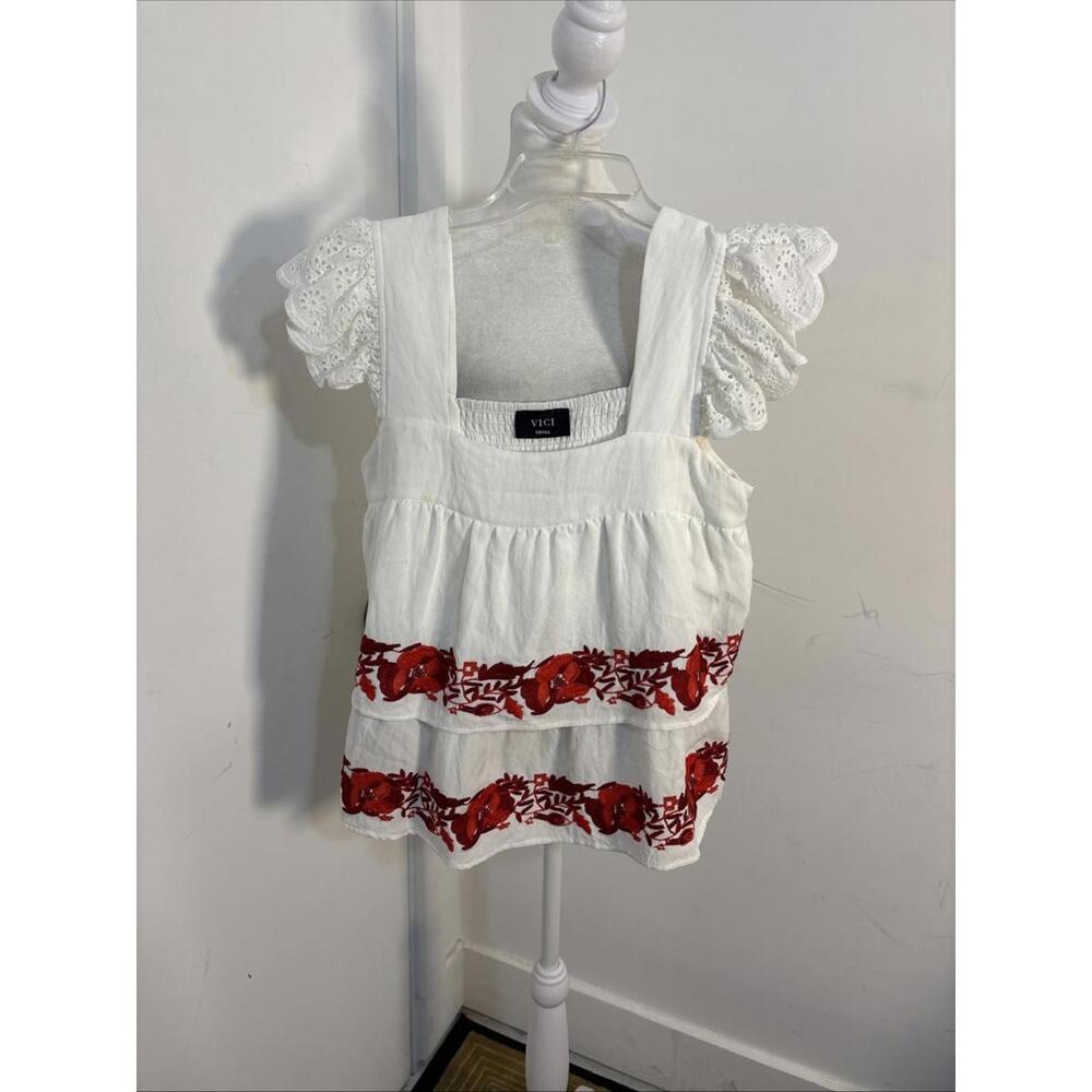 Vici Small floral embroidery, eyelet ruffled sleeves, tiered Blouse Small Boho